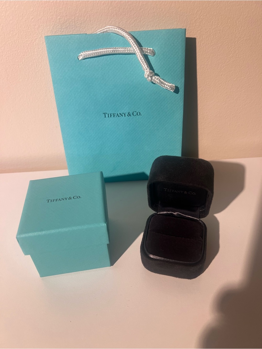 Tiffany & Co. Blue Jewelry Bag with Box and Black Velvet Ring Case